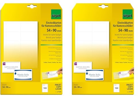 SIGEL LP898 Einsteckkarten für Namensschilder weiß, 54x90 mm (A4), 100 Stück (Packung mit 2)