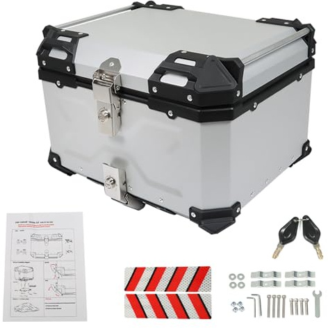 TJHSM 55 L Aluminum Alloy Motorcycle Trunk Tour Tail Box Top Case Tail Box with Backrest and Mounting Plate Hard