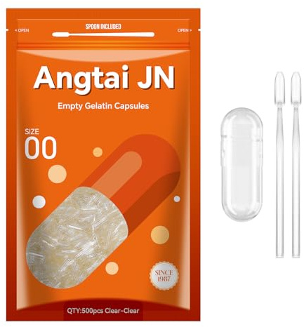 Angtai JN Empty Capsules Size 00 - Clear Gelatin Capsules Empty (500 Count) with Two Miro Lab Spoons - Gel Capsules Empty - DIY Pure Bovine Capsule Filling - Kosher, Gluten Free - Non-GMO Certified
