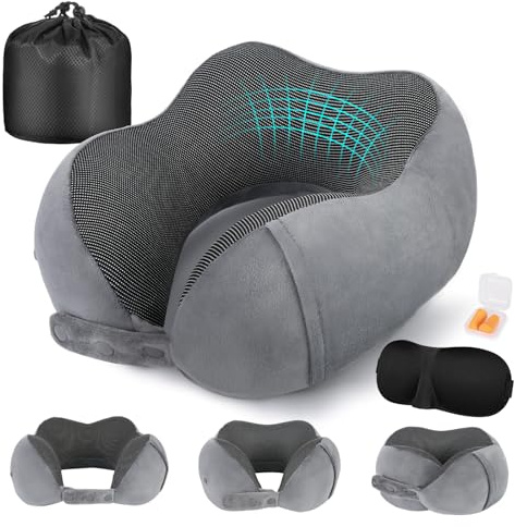 Cirorld Travel Pillow for Airplane, Neck Pillow for Travel, Memory Foam Travel Neck Pillow for Adults, Adjustable & Compact Flight Pillow, Ergonomic Neck Cushion, With Ear Plugs, Eye Mask, Carry Bag