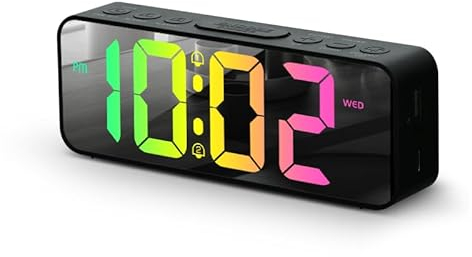 OWYELO Wecker Digital, Digitaler Wecker mit LED-Spiegel, RGB Farbenfroh, 6,5 Zoll Wecker Modern Tischuhr, 12/24H Alarm Clock mit Snooze, Einstellbare Helligkeit, USB-Datenkabel, Schwarz