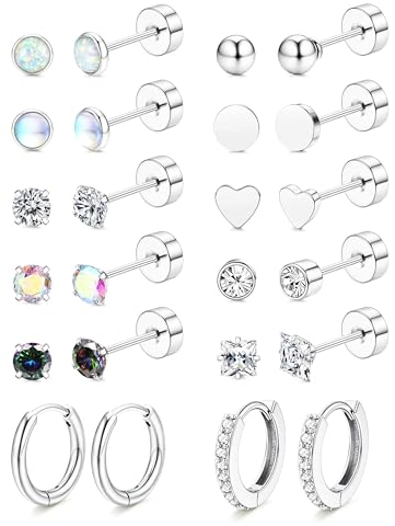JeweBella 12 Pairs Ohrringe Silber/Gold Set für Damen Herren Hypoallergen Medizinische Ohrstecker Chirurgenstahl Helix Piercing Ohr Zirkonia Opal Knorpel Creolen Ohrringe Set für Mehrere Ohrlöcher