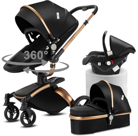 Nine point nine Barnvagnspaket 3-i-1, set i konstläder med 360° vridbar liggdel, sittdel och babyskydd, cabriosits, duovagn med stor och bekväm liggvagn, stomme av aluminiumlegering (906 svart)