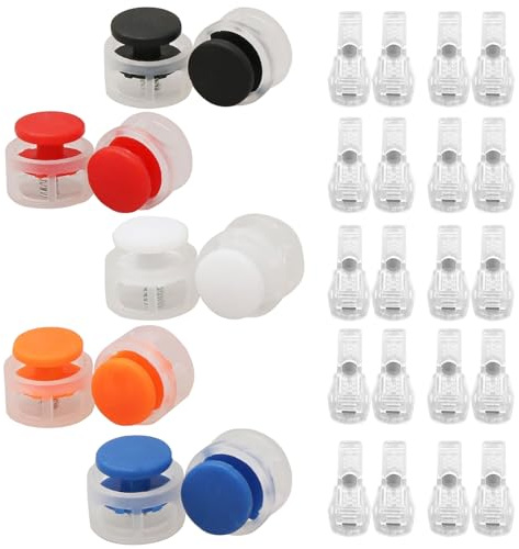 jushion 5 Paar Schnürsenkel Federschnalle Set, Kordelstopper 2 Loch und Kordelenden Schnürsenkel Stopper,Kunststoff Federschnurschlösser Schnürsenkel Clips,Schnürsenkel Ohne Binden,5 Farben