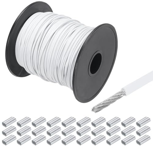 QUARKZMAN 100M x 1,5mm (328Ft x 1/16) Fune Metallico Cavo Acciaio Inossidabile 304, Tenditore Tirante con 30pz Manicotti Alluminio per Appendere Stendibiancheria Sollevamento, Bianco