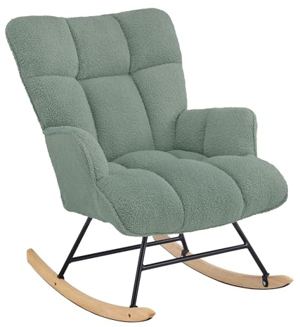 Aunekiv Rocking Chair for Nursery, Teddy Upholstered Nursing Chair for Adults, Comfy Rocking Armchair Indoor for Living Room Bedroom, Green