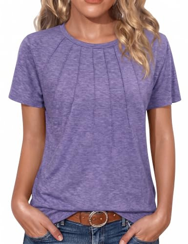 Gyabnw Blouses Tunic Tops Women Short Sleeve Crew Neck T-Shirts Casual Summer Wear Pleated Design Ladies Tops UK Purple