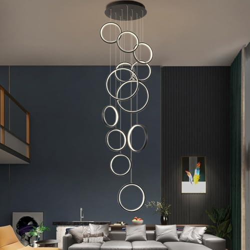AHQX LED Pendelleuchte rund Treppenhaus lang Pendelleuchte Helligkeit Farbtemperatur einstellbar Schwarze Pendelleuchte rund höhenverstellbar Geeignet für Wohnzimmer Foyer Villa Hotel(18heads)