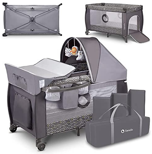 Lionelo Sven Plus 2in1 Travel Cot and Portable Baby Zone for newborns 0-36 Months Foldable with 2-level Heights, Changing Table, Mattress, Side Entrance Mesh Walls Mosquito Net Canopy Wheels Organiser