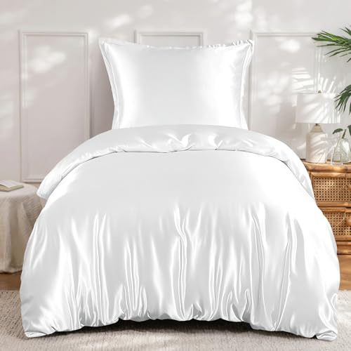 RUIKASI Satin Bettwäsche 135x200 Weiß - Seidig Luxus Bettbezug mit Glanz wie Seiden Bettwäsche Set für Haar und Haut, Glänzend Bettwäsche 135x200cm mit Reißverschluss und Kissenbezug 80x80cm