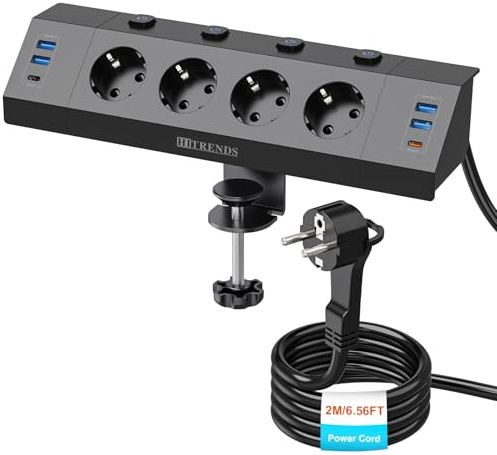 Tischsteckdose Schreibtisch mit USB C PD 20W, Steckdosenleiste mit 4 Einzeln Schalter, 4 Fach Ecksteckdose mit 6 USB, Flachstecker Mehrfachsteckdose Wandmontage mit 2M Kabel, Schwarz