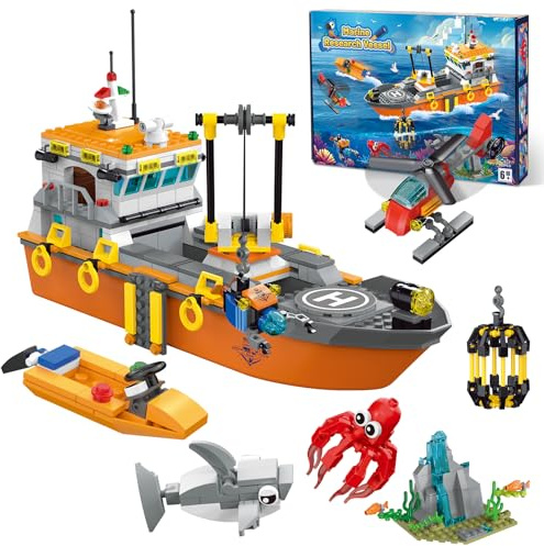 kiothdre City Ocean Explorer Ship Building Set, Fun Toy Exploration Boat Building Block Kit with LED Lights, Helicopter, Submarine, Cage, Birthday for 6 8 10 12 Years Old Boys Girls Kids