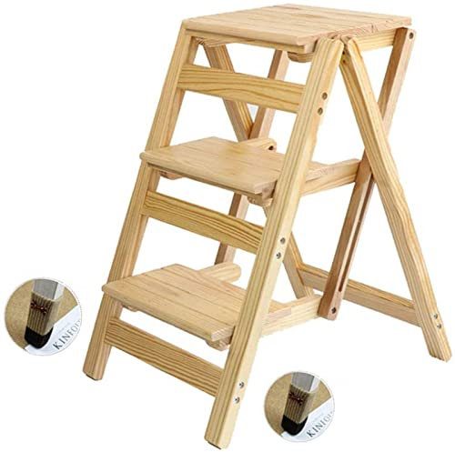 VDLLQYN, Escabeau Pliant escabeau à 3 Niveaux, Tabouret d'échelle Pliant Multifonctionnel en Bois Massif, escabeau Maison,Tabouret de Marche(Natural,3)