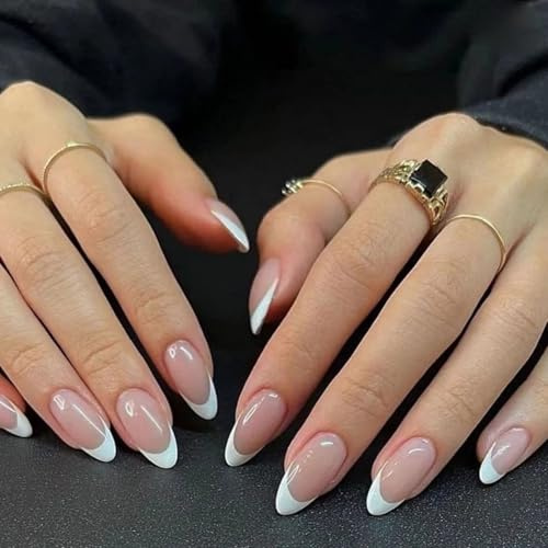 Almond French Tip Press on Nails - Short White Tips With 12 Sizes - Full Cover Removable Glue on DIY Manicure for Women