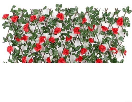 Expandable Wood Trellis With Artificial Leaves Flowers Garden Fence Privacy Screen Outdoor Decorative Telescopic Fence For Balcony Courtyard Wall Terrace Light(Red)