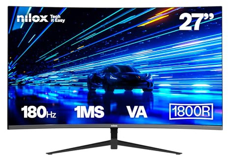 Nilox NXM27FHD18001 Monitor Curvo 27, VA, Pantalla Gaming 180Hz, Monitor PC con Reducción de Luz Azul, Conexiones HDMI y DP