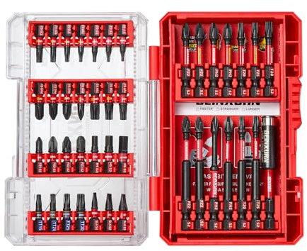 Geinxurn 42-teiliger Schraubendreher-Bitsatz aus schlagfestem, S2-Stahl Magnetische Torx/Phillips/Pozidriv/Schlitz/Hex-Kopf Bit Set, 1/4 zoll Sechskantschaft, inkl. Bit-Halter mit Rot Aufbewahrungsbox
