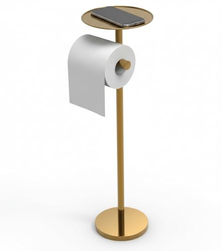 YUET Support de Rouleau de Papier Toilette sur Pied avec Fonction de Réserve, Porte-Papier Toilette en Acier Inoxydable, Accessoire WC Dérouleur avec Base Lourde, Doré
