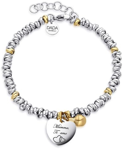 Dada Gioielli- Bracciale Donna Campanella e Cuore Frase Amore Mamme Bi-Lingua 17+3 cm (Argento + Oro)