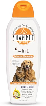 4-in-1 Hundeshampoo und Katzenshampoo von SHAMPET – Fellpflege & Hautschutz, alkoholfrei mit Kamillenblütenextrakt, Lavendelblütenöl, Totes-Meer-Mineralien und mehr, gegen Geruch (350ml)