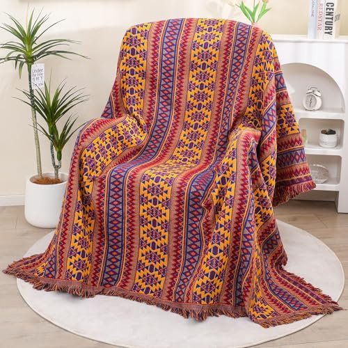 HOORDRY Boho Sofadecke, Sofaüberwurf für 1-Sitzer mit Quaste, Sofa Überzug Ethnischer Stil Doppelseitig Baumwolle, Sesselüberwurf, Kann als Sofa Cover, Sofaschoner, Bettüberwurf,130x180CM