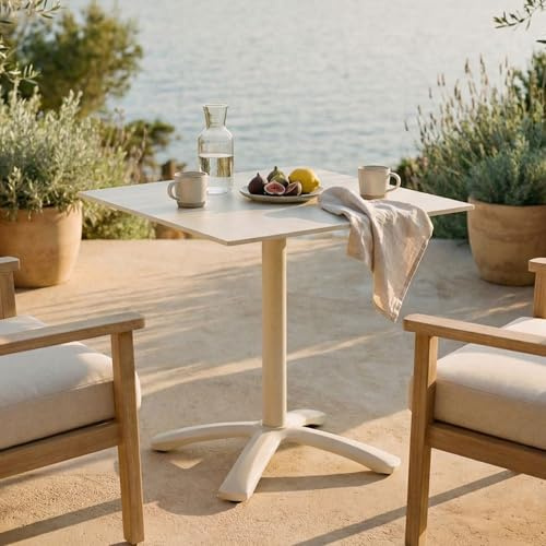 IDIMEX Gartentisch MASA mit Steinplatte 70x70 cm, Cremeweiß – wetterfester Balkontisch mit Sintersteinplatte und stabilem Gestell UV beständig, ideal für 2 Personen