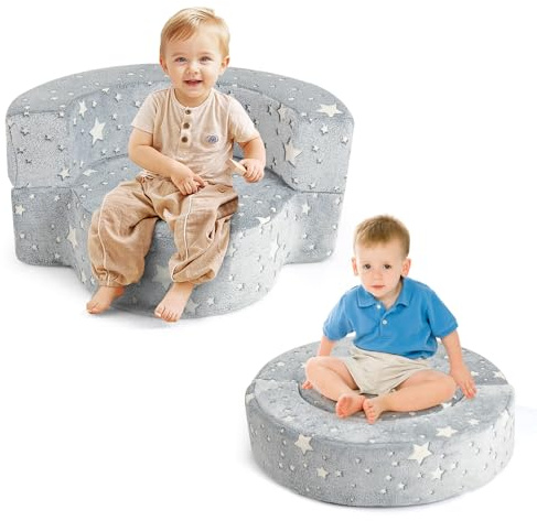 COSTWAY Divano in Schiuma Luminoso al Buio, Divano 2 in 1 per Bambini con Copertura Rimovibile e Lavabile, Poltrona per Bambini 3+ Anni per Cameretta e Soggiorno, 80 x 64 x 40 cm