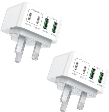 USB C Charger, Fast USB C Plug 2Pack 40W 4-Port USBC Plug UK Dual Port PD Power Adapter +QC Multi Wall Charger Type C Charging Plug for iPhone 16 15 14 13 12 11 Pro Max XS XR SE,Galaxy, iPad, AirPods