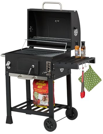 Relaxdays Barbecue Carbonella con Ruote e Coperchio, Griglia a Carbone, Grill BBQ, Altezza Regolabile, Nero Argentato, 90% Acciaio 10% plastica, 1 Pezzo