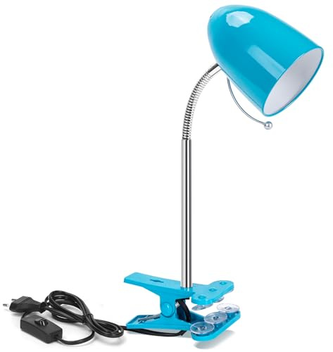 Aigostar Lámpara de Escritorio con Pinza Retro, Lampara Lectura Pinza sin Bombilla, Flexo LED Escritorio con Pinza para Cama Compatible con Bombillas Modelo E27 (Máx. 240V), cable de 153 cm, Azul