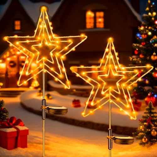 Yowin Solar Garden Lights 2 Pack 75 LED Large Christmas Outdoor Decorations, 8 Modes Metal Christmas Star Pathway Lights IP65 Waterproof Solar Garden Stake for Xmas Path Gifts Ornaments Decorations