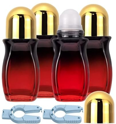 kokdid Bottiglie a rullo in vetro da 50 ml con tappi dorati, con apribottiglie, per oli essenziali, profumi, design a prova di perdite