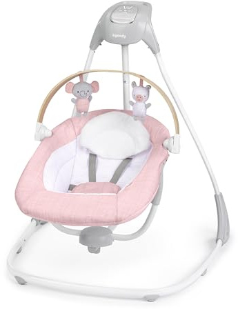 Ingenuity SimpleComfort Kompakte Babyschaukel, Sitz dreht Sich in 3 Richtungen, 6 Geschwindigkeiten, 8 Melodien & 3 Naturgeräusche, 0–9 Monate, bis 9 kg – Rosa