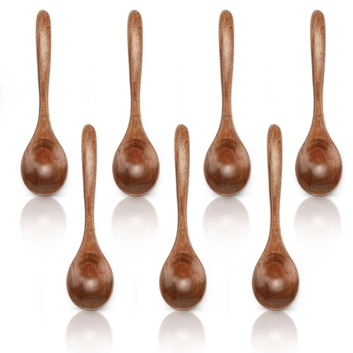 Lot de 7 petites cuillères en bois pour le miel, 6,6 pouces - Ensemble de petites cuillères de service en bois massif - Vaisselle miniature - Idéal pour servir les aliments. (Brun)