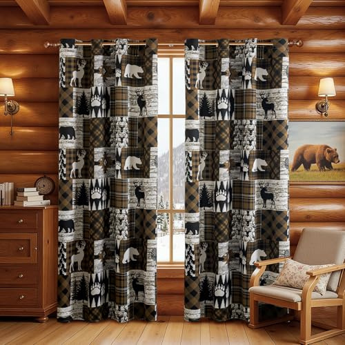Brown Rustic Cabin Curtains 2 Panels Country Style Curtain 50% Light Blocking Darkening Grommet Window Treatments Farmhouse Patchwork Plaid Drapes Decorative for Living Room Bedroom, 52x84 inches