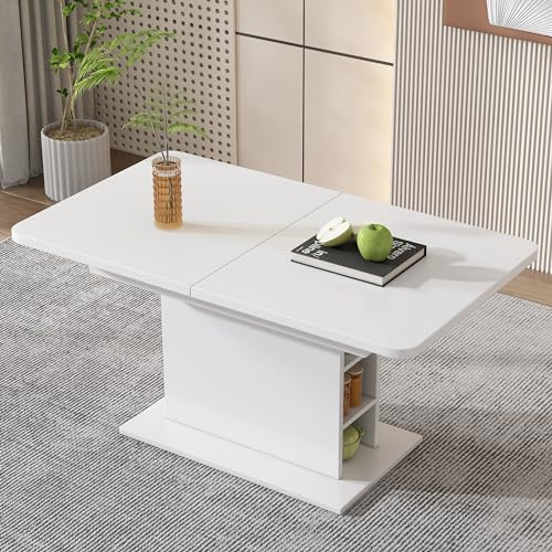 HAUSPROFI Ausziehbarer Esstisch, 130x75x70cm Esstisch mit Stauraum, L-110-130cm Platzsparender Multifunktionaler Tisch aus Eisen für Esszimmer und Küche (Weiß, 130x75x70cm)