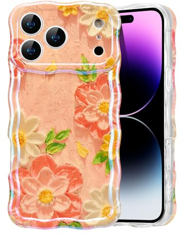 EYZUTAK Fodral för iPhone 17 Pro, färgglad retro oljemålning blomma laser glansigt mönster söt lockig våg kant utsökt telefonskydd stilfullt hållbart TPU-skyddsfodral för flickor kvinnor – rosa vit