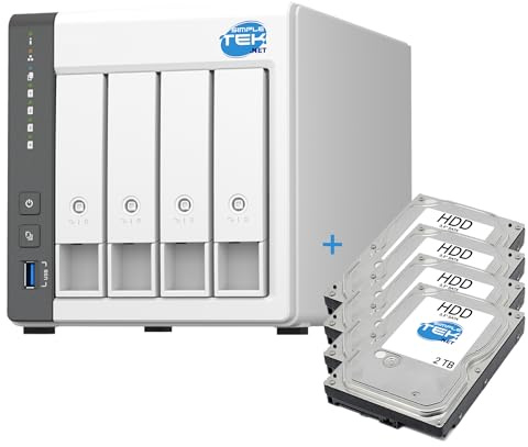 SIMPLETEK - Sistema NAS de 4 bahías con 4 GB de RAM, 4 discos duros de 2 TB incluidos, 4 núcleos y USB-A + LAN de 2.5 G para nube y servidor