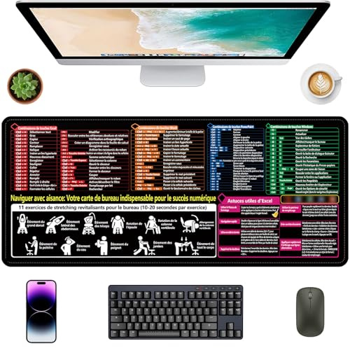 KINDLUME Tapis de Souris, Tapis de Souris Gaming, Tapis Raccourci Excel, Raccourcis Clavier pour Word et PowerPoint, pour Poste de Travail, Bureau et Domicile, Anti-Dérapante (Français)