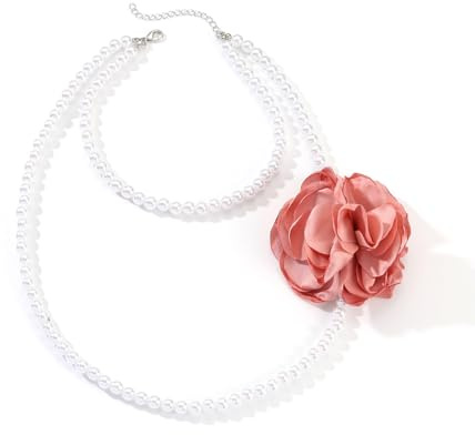 DZBERH Elegante Collana a Strati di Perle con Fiore di Rosa in Raso Girocollo Floreale Vintage con Catena Lunga di Perle a Doppio Strato Accessori per Il Collo da Donna