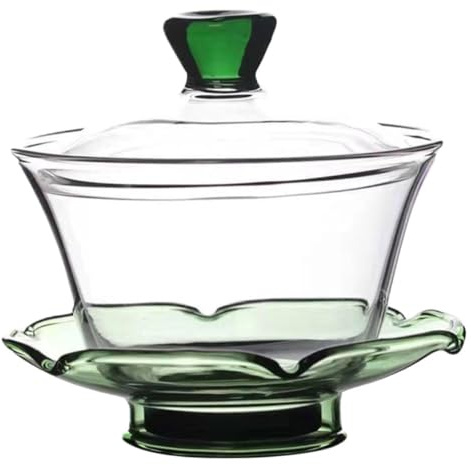 Hohopeti Taza de Té Tipo Sopera de Vidrio Transparente 10 Cm Tapa Verde Juego de Vidrio para Preparar y Servir Té Taza Creativa y Oficina Decorativa