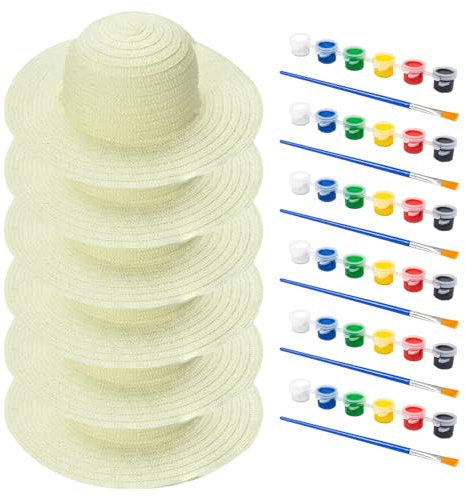 NIDONE 6 Set White Straw Hat Set DIY Kids Straw Hats with Pigment Brush Craft Art Painting Cap Tea Party Supplies for Kids Adults