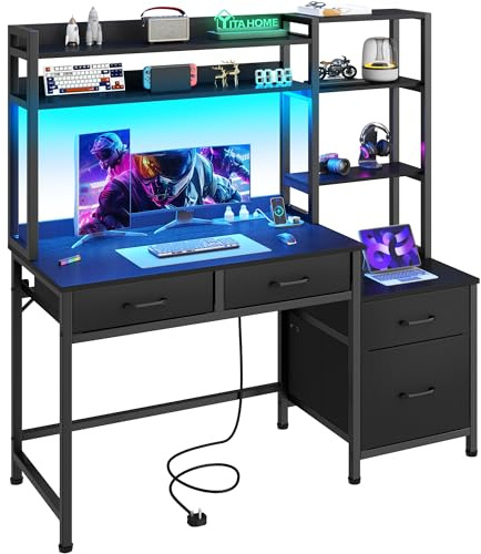 YITAHOME Computer Desk with Drawers LED Power 128cm Home Office Black