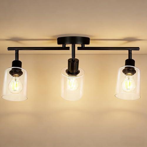 Wondlumi Deckenstrahler LED 3 Flammig E27 Schwarz Industrial Glas Metall | Deckenlampe Vintage Glas Schwenkbar 350° Deckenleuchte Strahler 230V Schlafzimmer Café Wohnzimmer ohne Leuchtmittel
