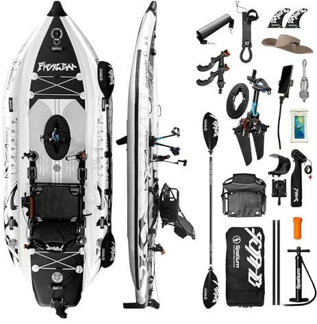 Spatium Kayak gonfiabile da pesca a pedale singolo da 3,5 m, stabile seduta sulla parte superiore, sistema di navigazione in acque poco profonde, sedile girevole a 360° e sedile regolabile, modello
