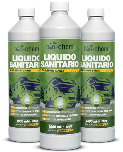 bio-chem sanitetstillsats/bio sanitetsvätska för campingtoalett 3x 1 l koncentrat för kemisk toalett vätska, campingtoalett och mobila toaletter