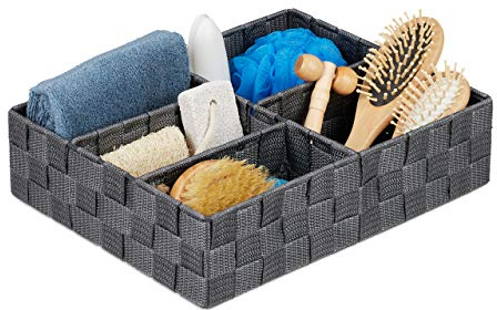 Relaxdays Cesta de Almacenaje, 5 Compartimentos, Rectangular, Efecto Trenzado, PP, Caja Almacenamiento Baño, Gris, 8,5 x 32 x 25 cm
