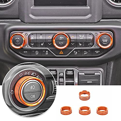 JeCar Air Conditioner Radio Switch Knob Cover & Headlight Knob Cover Aluminum Alloy AC Button Trims Compatible with Jeep Wrangler 2018-2023 JL JLU & 2020-2023 Gladiator Specific Dial Panel, Orange