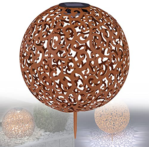 Lámpara solar para exterior en forma de bola, aspecto oxidado, decoración de jardín, solar vintage, para jardín, decoración de balcón, lámpara exterior LED, bola solar, 28 cm de diámetro