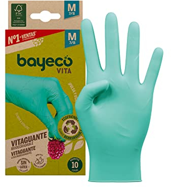 Bayeco Vitaguante - Guanti monouso in nitrile biodegradabili - Colore verde - Taglia M - Confezione da 10 pezzi - 100% sostenibili - Senza polvere e senza lattice - Texturizzati sulle dita per una